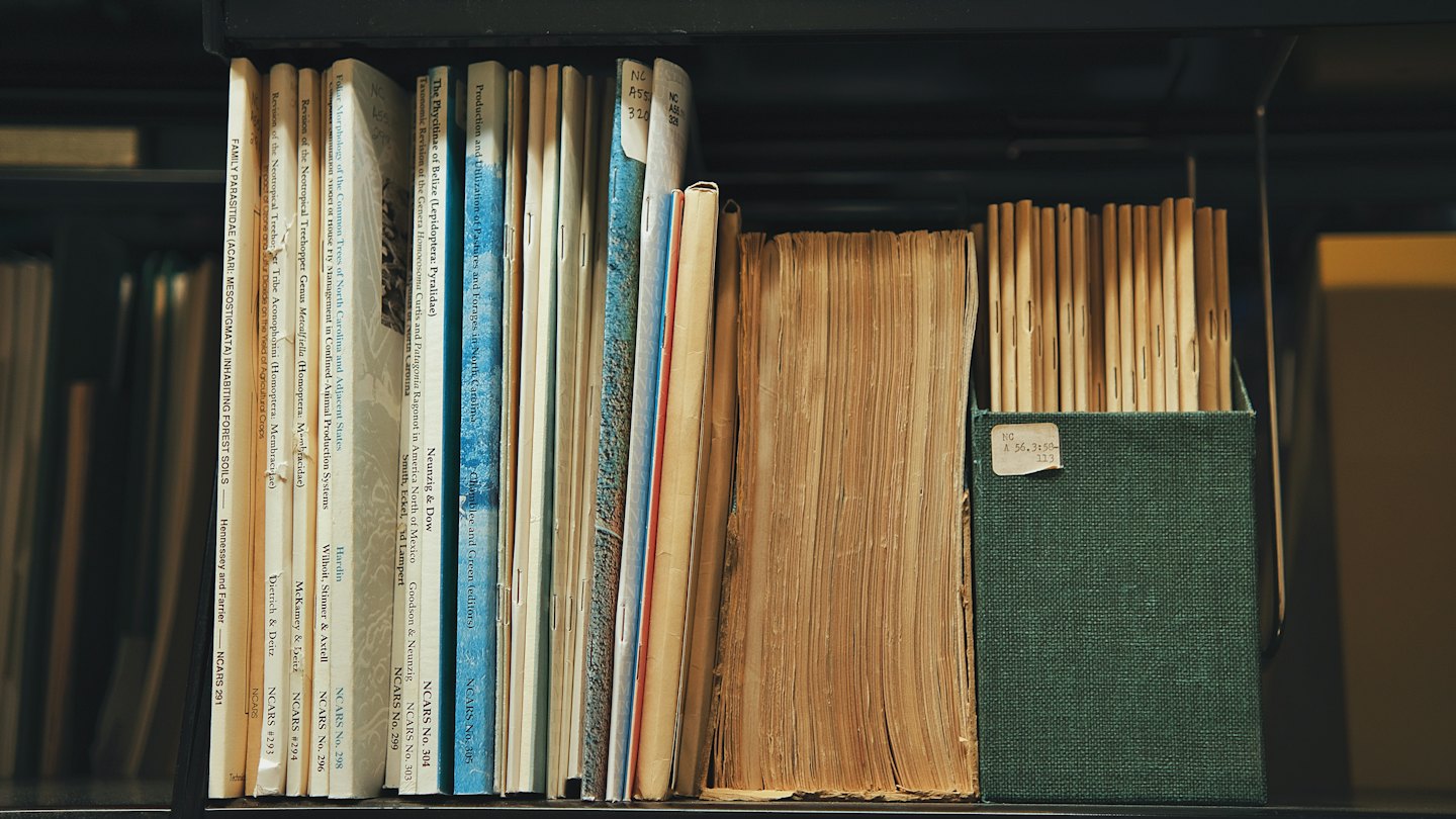 Books and rolled documents are organized on a wooden shelf.